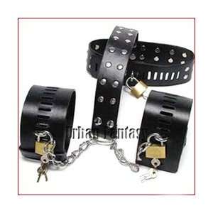   Leather Restraint Neck Wrist Collar Cuff System with Locks & Keys