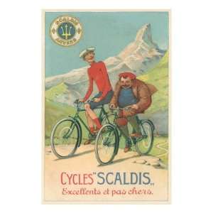 Tall and Fat Guy Riding Bicycles in Mountains Premium Giclee Poster 