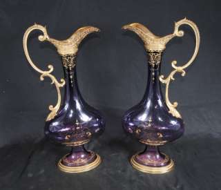 Pair French Cut Glass Jug Ewer Vases Ormolu  