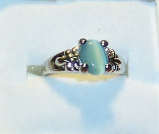 WOMANS 7.75 WHITE GOLD PLATED AQUA CATS EYE RING R379  