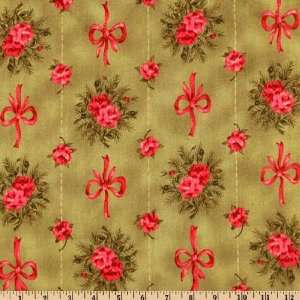  44 Wide Wallpaper Ribbons and Roses Stripe Olive Fabric 