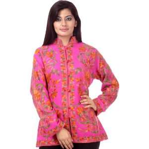  Hot Pink Kashmiri Jacket Embroidered Flowers All Over 