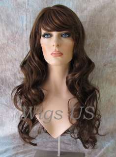 Wigs HEAT OK Human Blend Brown Auburn Mix Long Curl Bang Wig US Seller 