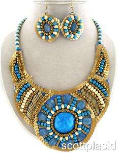 Chunky Blue Gold Bead Sequin Statement Bib Costume Jewelry Earring 