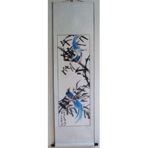   Chinese Watercolor Painting Scroll Bamboo Bird 