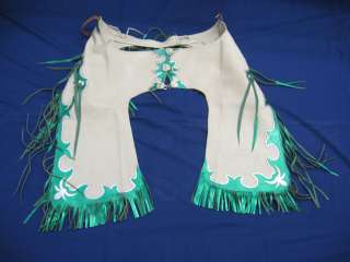CUSTOM LEATHER RODEO CHAPS GREEN AND TAN NICE  