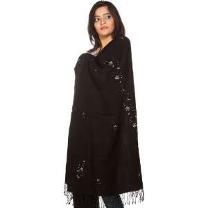  Black Silk Pashmina Stole from Nepal with Embroidered 