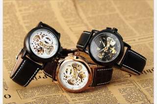 KS Automatic Hollow Mechanical Skeleton Mens Golden Wrist Watch + Gift 