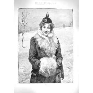    1895 PORTRAIT BEAUTIFUL WOMAN FUR COAT WINTER SCENE