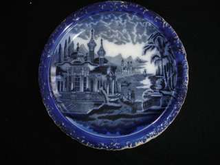 Old Flow Blue plate classic manor scene with water boat  