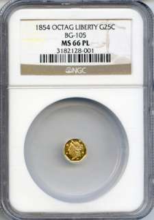 FINEST KNOWN! 1854 California Fractional Gold 1/4$ BG 105 NGC MS66PL 