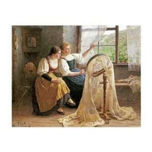   Max Koester   Zwei Madchen Am Strickrahmen Giclee