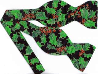 SELF TIE BOW TIE GREEN HOLLY WITH RED BERRIES  