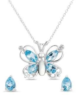 NEW .925 Sterling Silver Butterfly Pendant and Earrings Set Diamond 