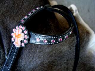 BRIDLE BREAST COLLAR WESTERN LEATHER HEADSTALL PINK CRYSTALS CROSS 