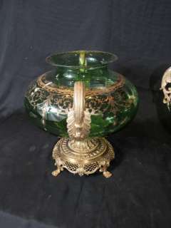 Pair Green Glass French Bulbous Vases Urns  