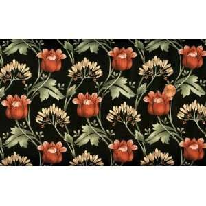   Folk Art flowers and Leaves on Black Cotton Fabric By the Yard: Arts