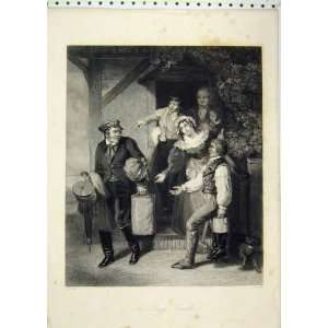  Antique Print View Stingy Traveller Family Begging: Home 