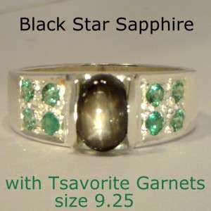 Star Black Sapphire and Tsavorite Green Garnets Sterling Unisex Ring 