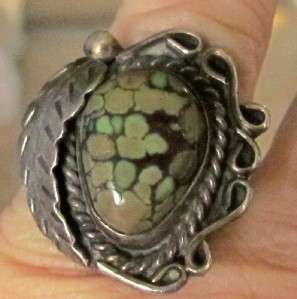 OLD PAWN STERLING SILVER SPIDERWEB GREEN TURQUOISE RING 7 WESTERN 
