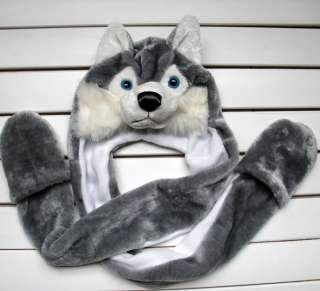 Cartoon Animal wolf Fluffy Plush Warm Cap hat with gloves  