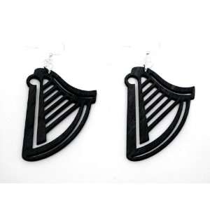  Black Satin Harp Wooden Earrings GTJ Jewelry