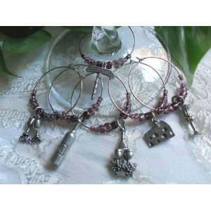  Wine Theme Pewter Wine Glass Charms Set of 6 Gift Idea 
