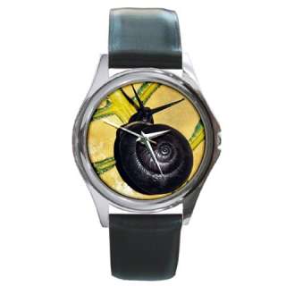 Black Snail on a Leaf Black Silver Leather Watch  