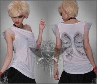 SC146 Goth Fan shaped Sleeve White Punk T shirt Top  