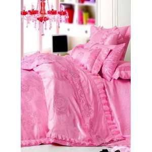   Romantic Pink Floral Imitated Silk Duvet Cover Bedding Set   King Size