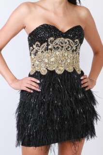SHERRI HILL BLACK FEATHER/GOLD CRYSTALS COCKTAIL DRESS  