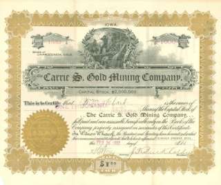 Carrie S Gold Mining Co Cripple Creek Stock Certificate  