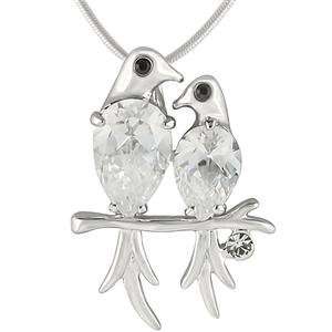  BIRD JEWELRY   Silver Tone Love Birds CZ Necklace Jewelry