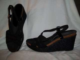 DONALD J. PLINER Black Fabric Rafia & Cork Strappy Wedge Sandals Shoes 