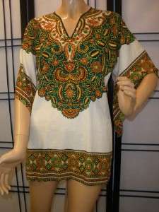 Vtg 70s Cotton TRIBAL Print DASHIKI MINI DRESS Tunic Wide Caftan Slv 