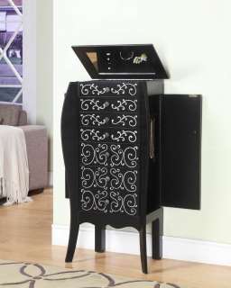   Contemporary Black with White Scroll Design Jewelry Armoire  
