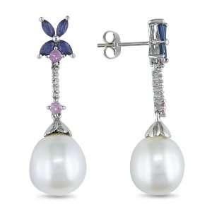   14k White Gold, Pearl, Pink and Blue Sapphire Drop Earrings: Jewelry
