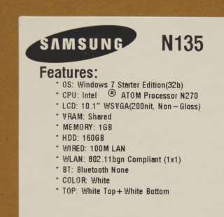 SAMSUNG N135 Windows 7 1GB 160GB WHITE 10.1 JA02NL  