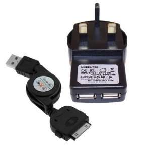   Twin USB to Mains Wall Charger with Retractable iPhone/ iPod Cable