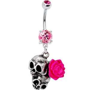  Pink Flower Dual Skull Belly Ring Jewelry