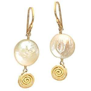  14k Gold Filled Earrings Hammered Swirls with Ivory Pearls 