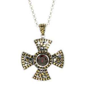   Gold Plated Garnet Cubic Zirconia Antiqued Cross Pendant, 18 Jewelry