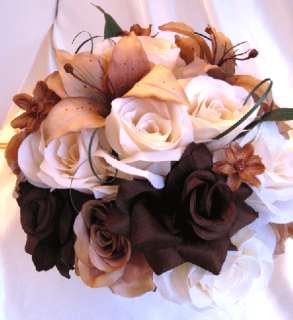 Wedding Bouquet Bridal Silk flowers CREAM BROWN CHAMPAGNE LILY 17pc 