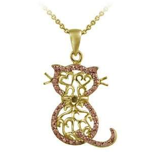   Rose Gold over Silver Champagne Diamond Accent Filigree Cat Necklace