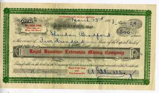 1907 Stock Certificate Royal Hawaiian Mining Co Arizona  