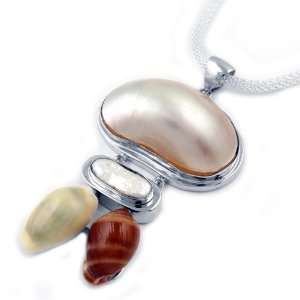  Rhodium Plated Mother of Pearl Shell Pendant with Mesh 