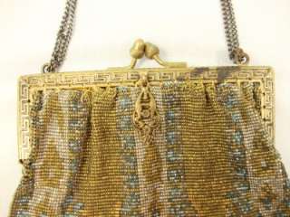 Antique Micro Beaded purse Brass Frame Made in France  