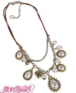 Fashion Retro style Double Leather String And Pearl Multi Pendant 