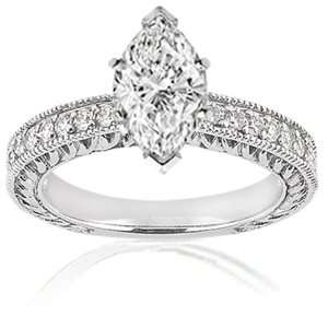   Marquise Cut Diamond Vintage Milgrained Engagement Ring 14K Pave GIA
