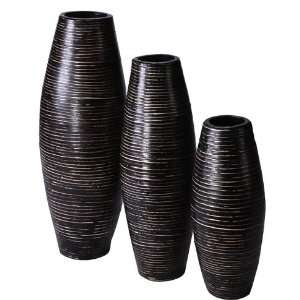  Large Rattan Vases HUJAN, Set of 3, Black Pottery with 